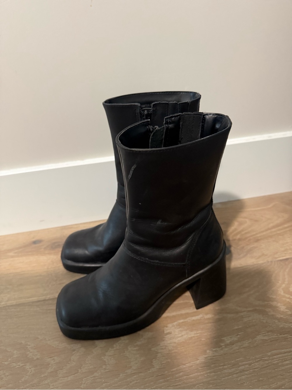 Steve Madden Black Leather Mid-Calf Zip Ankle Boots - Picture 2 of 5